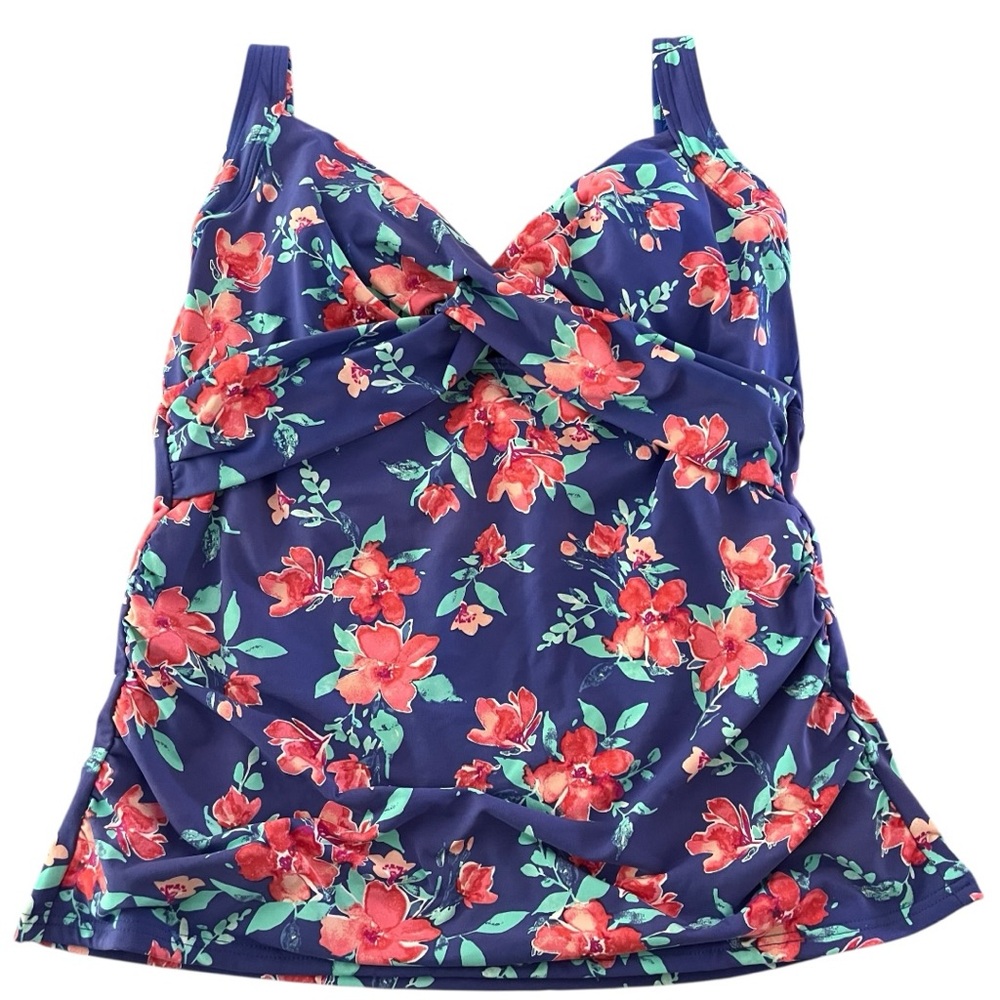 Lands End Tankini Swim Top Size 10 Petite Blue Floral underwire bra